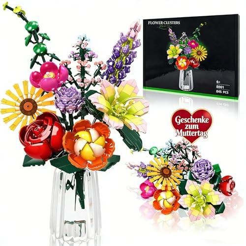 IKIDSUN Blumen Bausteine Bausatz, 9 Künstliche Blumen für Flowers, Blumenstrauß Bausteine Sets, Geschenke zum Muttertag, Geburtstag, Valentinstag Weihnachtstag, für Mädchen Erwachsene 6+, Keine Vase