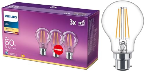 Philips GLS Clear Filament LED Bulbs with B22 Cap, 7W, 806 lumens and 2700K Warm White Light. Energy-efficient 60W Replacements with Classic Filament Design. Pack of 3.