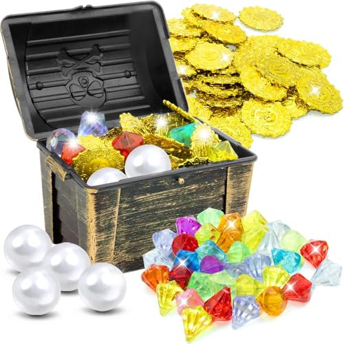 75 Stück Tauchjuwel Pool Spielzeug mit Piraten Schatzkiste, Piraten Goldmünzen, Bunte Edelsteine, Perlen Groß, Tauchspielzeug für Kinder Unterwasserspiele und Tauchtraining, Wasserspielzeug Kinder