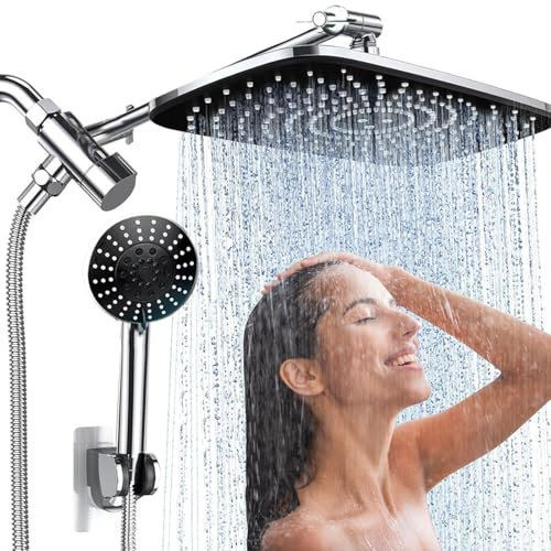 Rain Shower Head, Handheld Showerhead, Bathroom Shower, Anti Clog Nozzles, Smart Adjustment Rod, 5 Spray Modes with Built in Filter for Hotels and Apartments, ABS