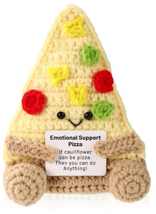 TOYMIS Pizza Positiva, Pizza Ganchillo Apoyo Emocional Positiva Comida de Punto para Regalo Inspirador Hogar Oficina Graduación Regalo Festivo(Caqui)