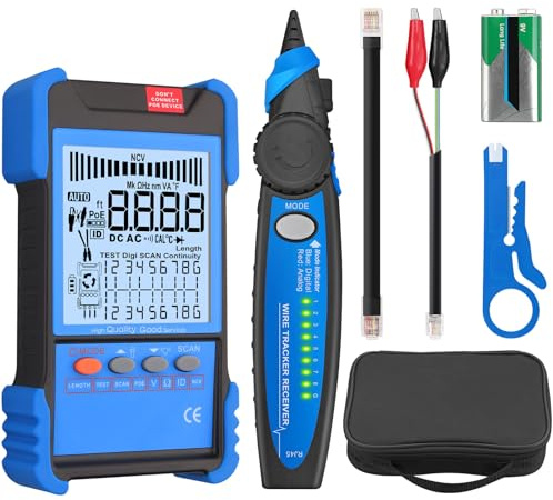 YGiTK Probador de Cable con POE, Cableado Digital y Analógico, Multifunción Probador de Cable de Red NVC,Buscador de Líneas Cable CAT5 CAT5e CAT6 Cat7 Cat8 para Tensión de la Batería