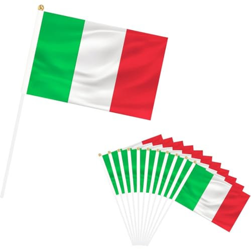 CATOR 50 Pcs Banderas de Mano de Italia,14x21 cm Bandera Italia Pequeña con Palo Decoraciones, Banderas Italia Para Celebraciones Nacionales, Eventos Deportivos