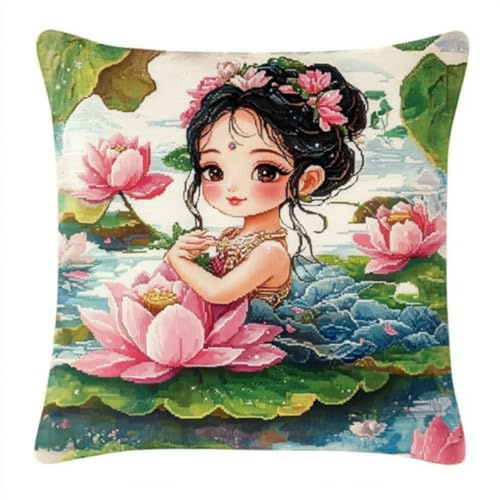 ANSIWEIGO Kit de crochet à loquet,Tapis à nouer 43x43 cm avec coussin,Kit DIY décoration,Pour adultes et enfants,Fée du Lotus,Idée cadeau,activité créative relaxante