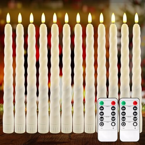 PORFOYO LED Stabkerzen mit Timerfunktion und 2 Fernbedienung,12er Set Elektrische Kerzen,LED Kerzen Flackernde Flamme,3D-Dochtlicht für Weihnachten,Heimdekoration,Hochzeit und Party,Batteriebetrieben