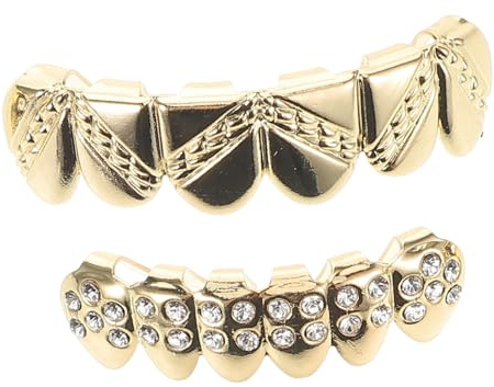 Hoement 2 Stücke Halloween Grills Goldene Plattierte Fake Zähne für Kostüme Hip Hop Mundschmuck Einzigartiges Accessoire für Halloween und Partys