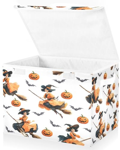 Halloween Baskets Collapsible Storage Bins with Lids, Witch Pumpkin Bat Pattern Storage Boxes Clothes Baskets for Organizing