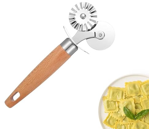 Fayelong Pastry Cutter Double Wheel Stainless Steel Pizza Roller Knife with Wooden Handle for Making Pasta, Pizza, Ravioli, Cookie