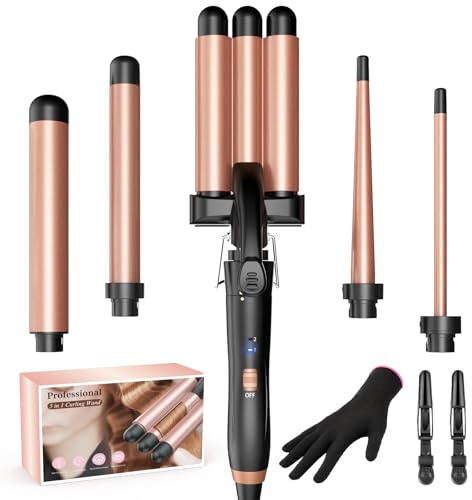 Boucleur 3 Tete Fer a Boucler-5 in 1 Boucleur a Cheveux en Céramique Fer à Friser 2 Températures, Fer a Onduler Chauffage Rapide pour Cheveux Longs, Courts