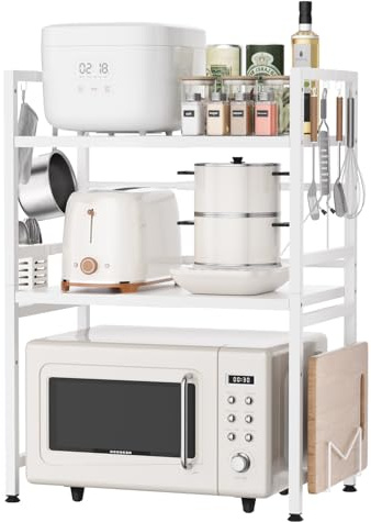 devesanter3-Stufiges Erweiterbares Mikrowellen Regal abnehmbar & stapelbar, mit 6 Haken Küchenregal mit Schneidebretthalter & Essstäbchenkorb für Küchen Ausziehbar von 40-64cm Weiß