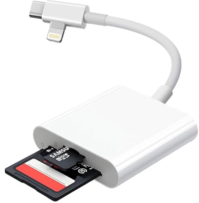 [Certificado Apple MFi] Lector de tarjetas SD para iPhone, iPad y Mac, Adaptador de tarjeta SD con doble ranura para microSD/SD, conectores Lightning y USB-C, tarjeta TF, cámara de caza (2 ranuras)