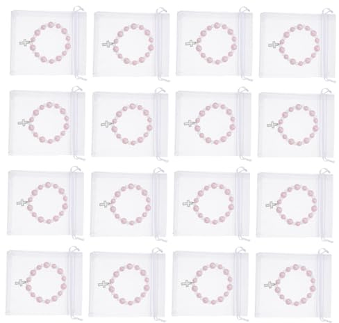 FONDOTIN Set Bomboniere Battesimo per Bambine 40 Pezzi con Braccialetti Rosario in Perle Finte e Croce Cattolica, Confezionati Singolarmente in Sacchetti di Organza 10x12 Cm, Regalo