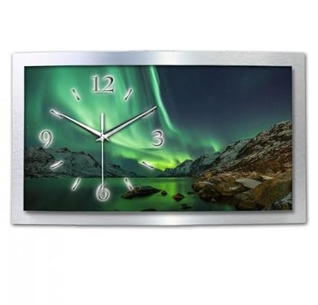 Kreative Feder 3D Designer-Wanduhr Polarlicht in modernem Metallic-Design; leise Funkuhr mit Naturwunder Motiv wahlweise in Zwei Größen (WAA054, 50x30cm; leises Funkuhrwerk)