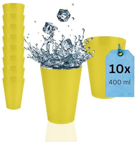 S&S-Shop 10 Hartplastik Trinkbecher 400ml, Gelb, umweltschonenede Mehrwegbecher, Cocktailgläser, Camping, Kindergeschirr, JGA, Beerpongbecher, Stapelbecher, Partybecher