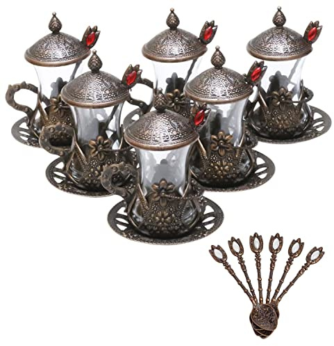 Alisveristime Elisa Türkisches Teeglas 6er Set mit Deckel (Kupfer)