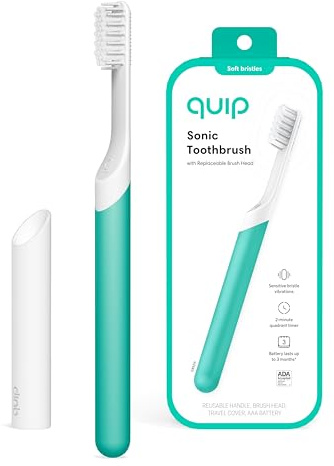 Quip Sonic Toothbrush for Adults - Timed Electric Toothbrush with Cover - Replaceable Brush Head, Soft Bristles, Plastic Handle, 3 Month Battery Life - Travel Toothbrush - Green