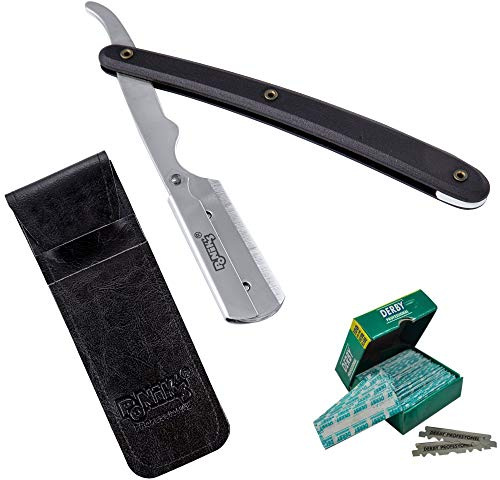 PONIK'S PROFESSIONAL - Klassisches Rasier Set Herren, Transporttasche, Rasiermesser-Set mit 100 Derby Wechselklingen, hochwertiges Edelstahl, Barbier Messer für eine präzise Bart-Rasur, Schwarz