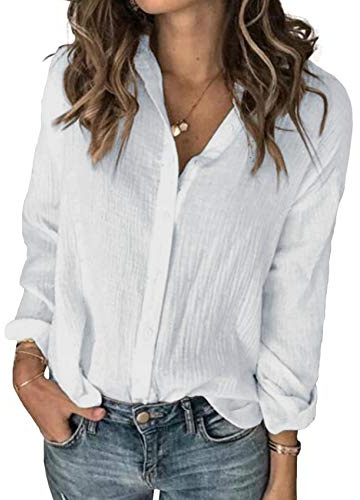 Karlywindow Womens Long Sleeve Button Down Cotton Linen Shirt Blouse Loose Fit Casual V-Neck Tops (White, Small)