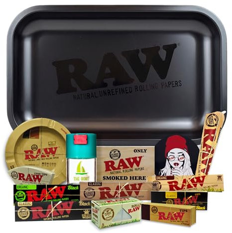 Plateau à rouler Raw Noir 27,5 x 17,5 cm + Cendrier RAW + Pot anti-odeur THE BOAT + Papier à rouler Raw Organique, Noir, Classic + Tips + Cône + Stickers - Cadeau pour les fumeurs
