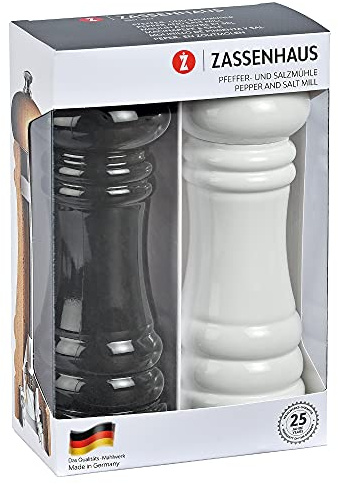 Zassenhaus Mühlenset BERLIN Buchenholz | Geschenkset | Schwarz & Weiß | mit stufenlos verstellbarem Keramikmahlwerk | befüllte Gewürzmühlen | Ø 5,9 cm, H: 18 cm