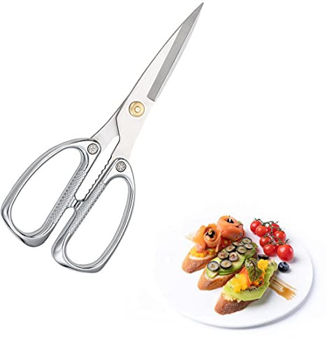 Tijeras Cocina Acero Inoxidable Mango de Acero Inoxidable Multifunción Cook para Carne, Pescado, Pollo ergonómica y Esterilizable Tijeras Ultra Afiladas Apto para lavavajillas Color Plata