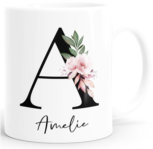 SpecialMe® Kaffee-Tasse mit Buchstabe Monogramm personalisiert mit Namen Initiale Blumen-Motiv persönliche Geschenke Weiss Keramik-Tasse