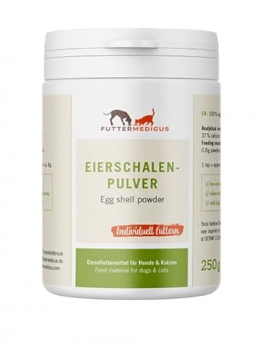 Futtermedicus Polvo de cáscara de huevo | 250 g | Complemento alimenticio para perros y gatos | Adecuado como aditivo Barf para perros y gatos | Para satisfacer las necesidades de calcio