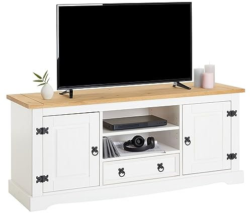 IDIMEX Lowboard Tequila im Mexiko Stil in weiß/braun, Elegante TV Bank mit 2 Fächern aus massiver Kiefer, TV Unterschrank mit Türen und Schubladen
