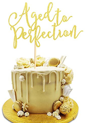 Arthsdite Aged to Perfection Cake Topper, Happy Birthday Engagement Retirement Party Decorations Supplies - Gold Glitter