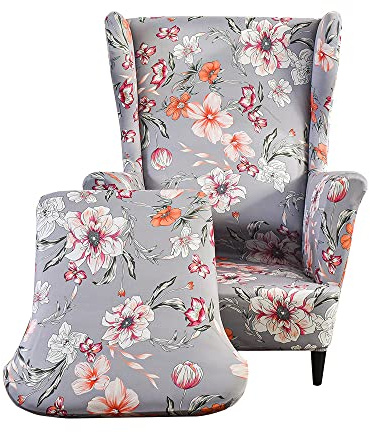 Highdi 2 Teilig Ohrensessel Überzug, Blumen Blätter Sessel-Überwürfe Ohrensessel Schonbezüge Bezug Sesselhusse Elastisch Stretch Tiger Stuhlbezug mit Armlehne Hohe Rückenlehne (Frühling und Herbst)