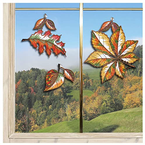 DSD Design-Studio Drechsler Fensterbilder Herbstlaub Plauener Spitze 3er Set Fensterdeko Herbstdeko Stickerei Kastanie, Linde und Eiche