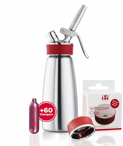 iSi - Distributeur de crème Gourmet Whip 0,5 L + 6 x 10 Capsules de crème + Bouchon fouetteur en Paquet - Kit pulvérisateur de crème en 100% Acier Inoxydable pour crème, soupes & Desserts