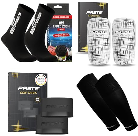 PASTE - XXL Set wählbar aus: TAPEDESIGN Fußballsocken, Schienbeinschoner, Stutzen & PASTE Schienbeinschonerhalter (Grip Tapes) für Kinder, Damen & Herren