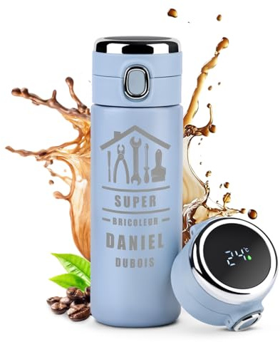 Maverton Mug Isotherme à personnaliser pour homme 400ml | Bouteille isotherme avec Afficheur de température LED, Thermos à emporter gravé, pour papa, ami, anniversaire, coeur