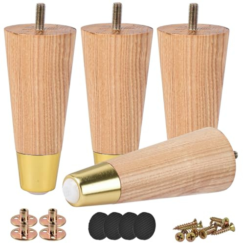 Btowin 8 inch Ash Wood Tapered Gold Caps Legs with M8 Bolts, 4Pcs | Varnish Ash Wood, Straight Grain. 400lb Load Capacity. Hardware Included. Upgrade for Sofa & Cabinet, Mid-Century Modern.
