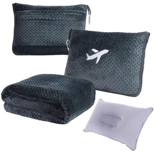 Nenolix Travel Blanket Set 3 in 1-350gsm Thick Compact Travel Blanket with Bag, Soft Bag with Pocket, Inflatable Travel Pillow for Camping and Car Travel