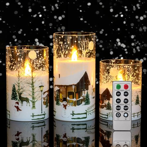 CANDLE IDEA 3 Stück Weiße Weihnachts-Glas-LED-Flackerkerzen ohne Flamme (Schneemann-Aufkleber), echte Wachs-batteriebetriebene Stumpenkerzen mit Fernbedienung & Timer für Feiertage, Heimdekoration