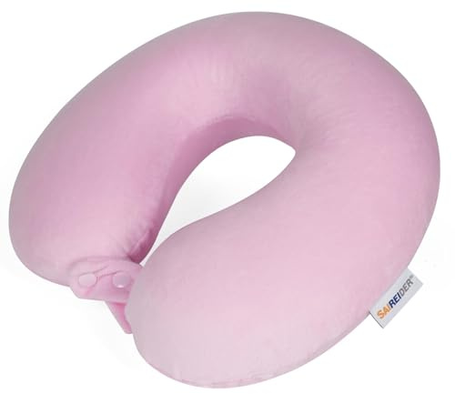 SAIREIDER Travel Neck Pillow 100% Pure Memory Foam Airplane Pillow for Head Support,Soft Adjustable Pillow for Plane, Car & Home Recliner (Pink)
