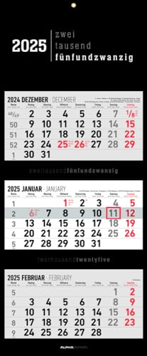 Alpha Edition - 3-Monatskalender Black 2025 Bürokalender, 33x20cm(33x80cm geöffnet), Kalender mit Jahresübersicht, Datumsschieber, faltbar, 3 Monate auf einen Blick und internationales Kalendarium