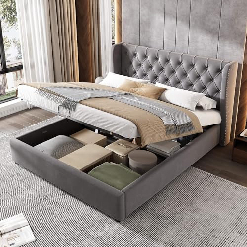 Boxspringbett Polsterbett 180x200CM mit Lattenrost & Großer Stauraum, Doppelbet mit Hydraulische Funktion & Kopfteil, Bettunterseite ist mit einem schmutzabweisenden schwarzen Vliesstoff, (Grau)