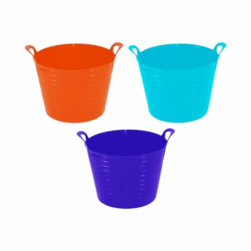 Set of 3-26l Litre Flexi Tub Medium Planter Storage Container Washing Basket Trug Colour Bucket Rubber Flexi Strong Tub For Home Garden MADE IN U.K. (Purple, Orange & Sky Blue)