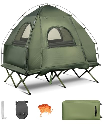 GYMAX Feldbett mit Zelt 2 Personen, 5-in-1 Campingzelt wasserdicht mit Luftmatratze, Kissen, Schlafsäcken & Tragetasche, Outdoor Campingliege Familienzelt für Angeln & Picknick, 194 x 145 x 187 cm