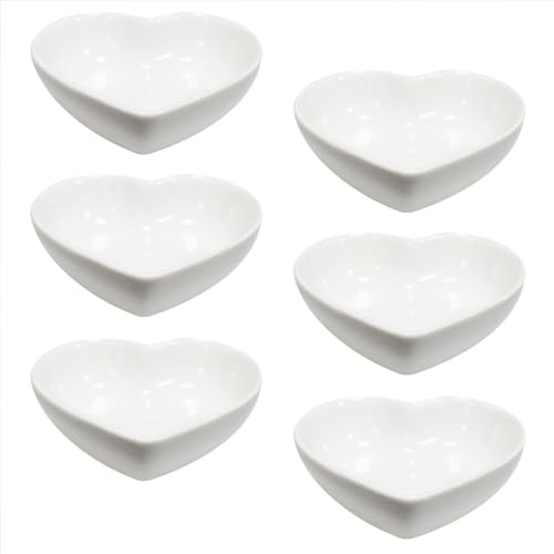 Albedel White 6 pcs Heart Shaped Porcelain Soy Sauce Dish Snack Bowl Ceramic Dip Dipping Bowls 1.65 oz for Dinner Baking BBQ and Cooking