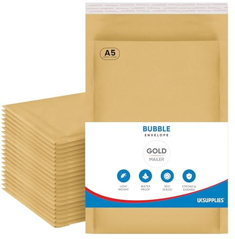 UK SUPPLIES LIMITED DL A6 A5 A4 A3 (Pick Size & Qty) Padded Gold Bubble Envelopes Peel & Seal Bags Bubble Mailer Postal Wrap Envelope Parcel Mailers for Mailing Goods, A5 180mm x 265mm 50 Pack