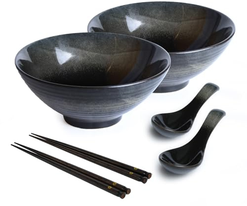 2 teiliges Ramen Schüssel Set Keramik Japanische Ramen Bowl mit Essstäbchen und Löffel,Asiatisch Stil Porzellan Geschirr Salatschüssel Instant Suppenschale,1200ml,Schwarz