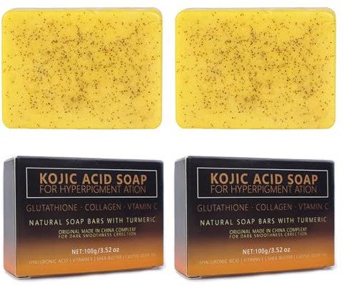 Lot de 2 Lemon Turmeric Kojic Acid Soap, savon eclaircissant,turmeric soap,Savon éclaircissant au curcuma, with Vitamin C, Éclaircissant brillant hydrate, pour visage et corps