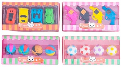 Cartoon-Dessert-Radiergummi-Set, Zeichen- und Schreib-Bleistift-Radiergummi, Lernbedarf, Auto, Pistole, Basketball, Fußball