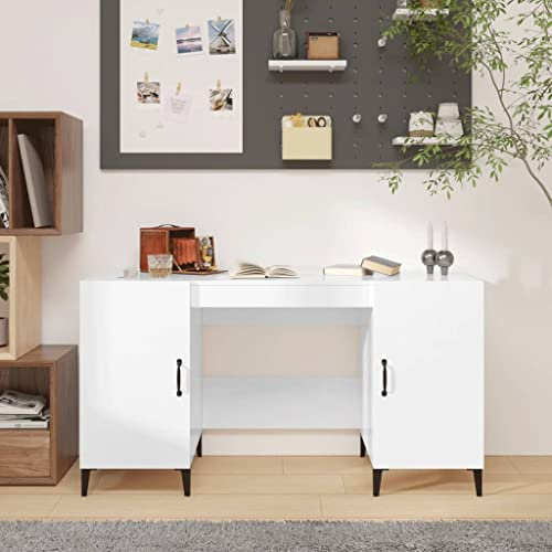 Higsose Schreibtisch im Arbeitszimmer Hochglanz-Weiß 140x50x75 cm Holzwerkstoff Feuchtigkeitsbeständigkeit Computertisch Viel Stauraum Bücher und Zeitschriften Platzieren Arbeitstisch Stabiler Rahmen