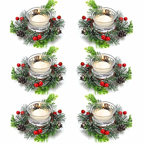 Weihnachts Kerzenringe, Künstlicher Roten Beeren Kranz Verschneiten Kiefernnadeln Kerzenring für Säulen Rustikal Hochzeit Kernstück Haustür Weihnachten Tisch Dekoration 6 Stück