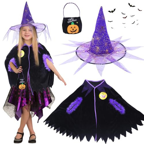 Moiuguli Deguisement Sorciere Fille, Cape Sorciere Fille Violet Cape Halloween Enfant avec Chapeau Sorciere et Sac Bonbon Halloween Deguisement Halloween Enfant Sorciere pour Halloween Cosplay Fête